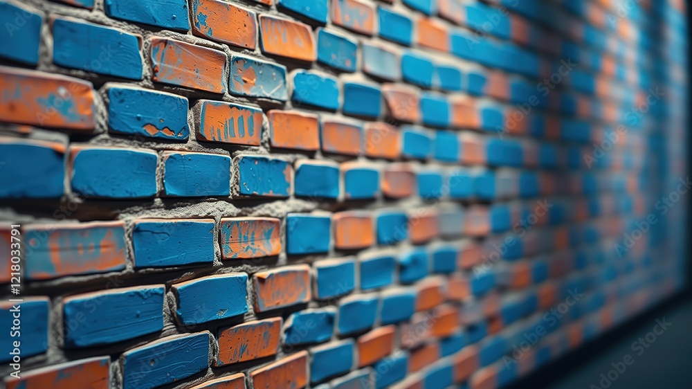 Naklejka premium Blue Orange Brick Wall - Dramatic Lighting - AI Photo