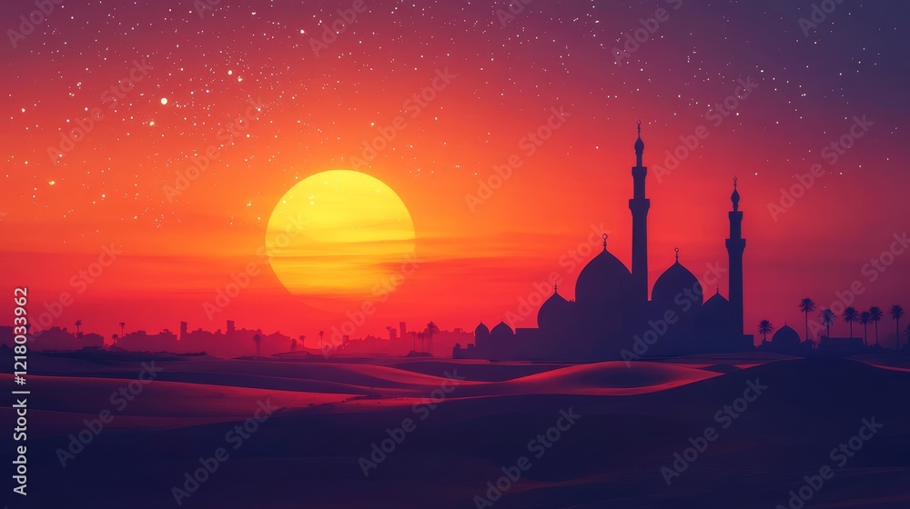 Obraz premium Majestic Mosque Silhouette At Sunset Desert Landscape Under Starry Sky