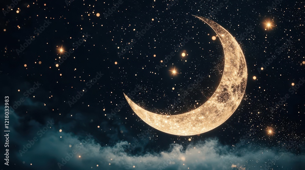 Crescent moon and stars glowing with Shahada script, celestial guidance and devotion, 3D illustration Crescent moon and stars glowing with Shahada script, celestial guidance and devotion, 3D illustration