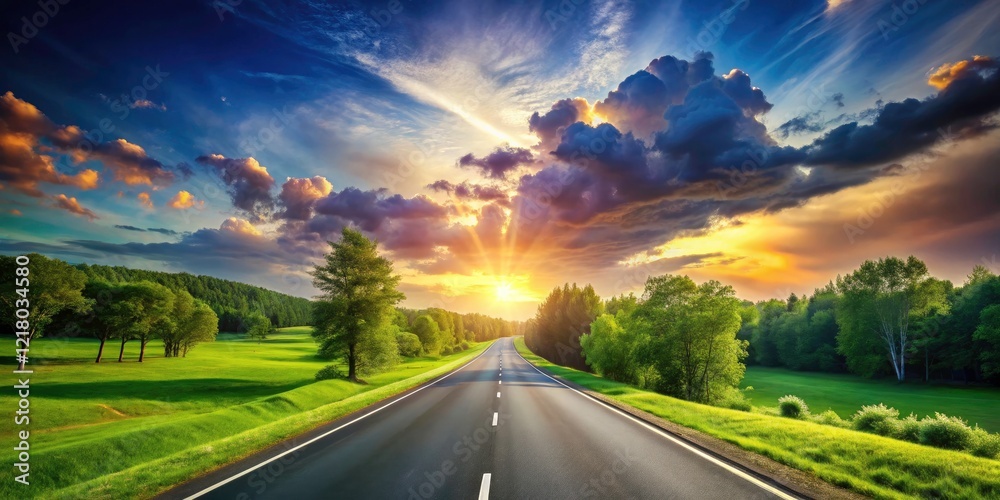 Naklejka premium Serene Landscape of an Empty Asphalt Highway Surrounded by Lush Green Park and Stunning Sky, Perfect for Road Trip Enthusiasts and Nature Lovers, Capturing Tranquility and Adventure