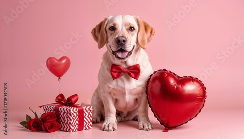  A dog wearing a red bow tie sitting beside a heart-shaped balloon. A Valentine’s gift box and roses nearby.  Cute and heartwarming holiday setting. 