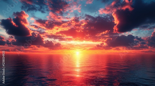 Vibrant sunset over calm ocean waters with dramatic clouds reflecting warm colors