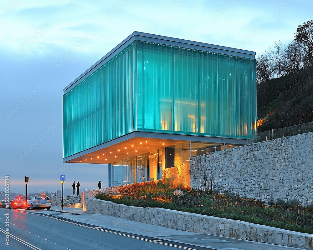 Obraz premium Modern glass building at dusk.