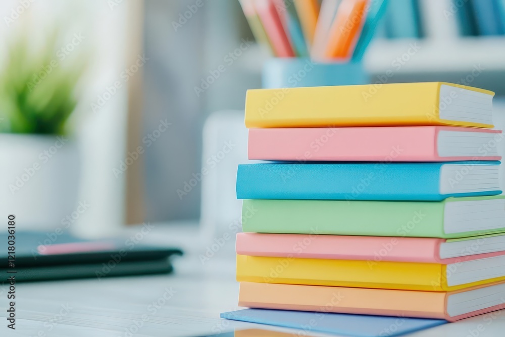 A stack of colorful notepads on a desk with motivational quotes, leaving room for text A stack of colorful notepads on a desk with motivational quotes, leaving room for text