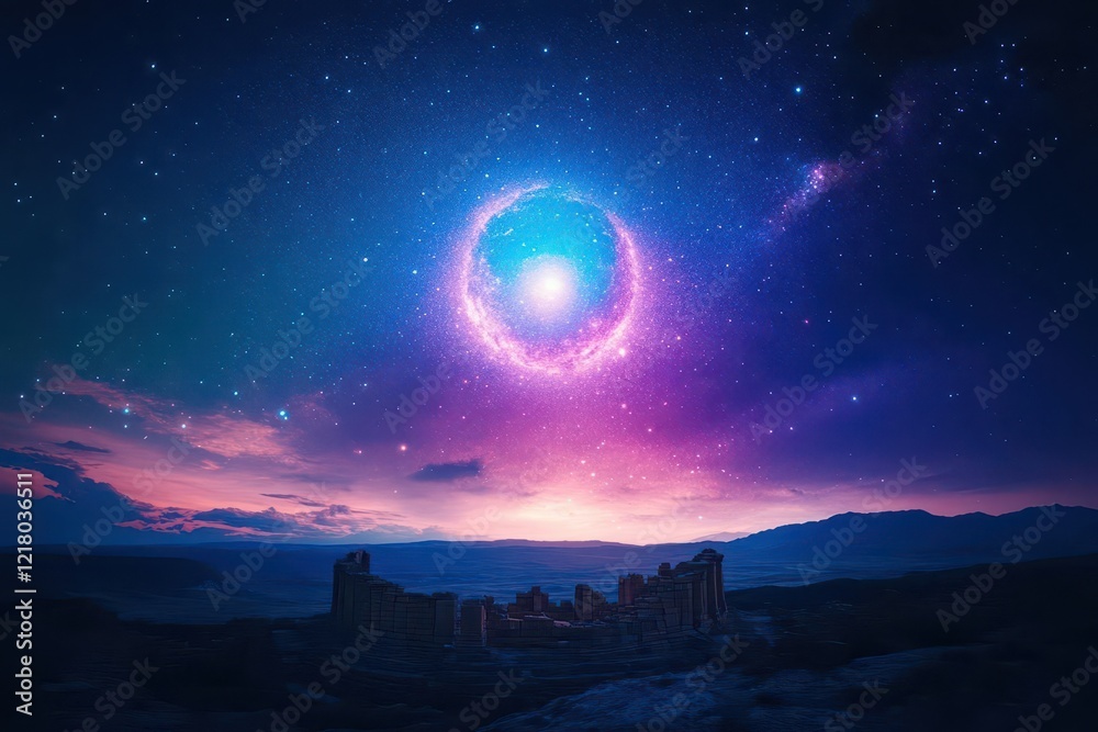 A starfilled sky over ancient ruins, blending history with the cosmos, dramatic and mysterious A starfilled sky over ancient ruins, blending history with the cosmos, dramatic and mysterious