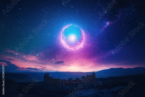 A starfilled sky over ancient ruins, blending history with the cosmos, dramatic and mysterious photo