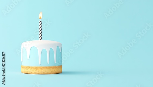 A pastel blue birthday cake with a lit candle on a minimalist background, celebrating joy
