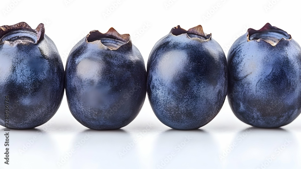 Four ripe blueberries, close-up, white background, food photography Four ripe blueberries, close-up, white background, food photography