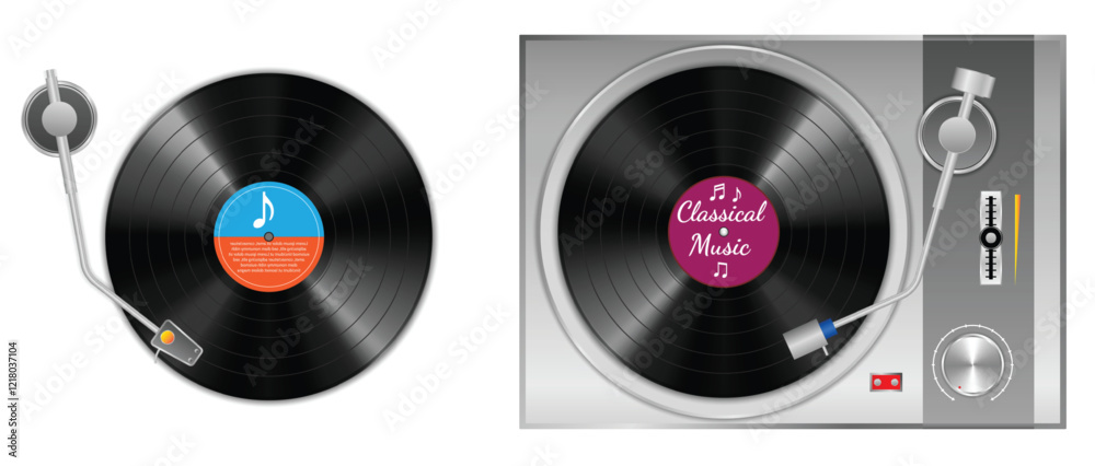 Set illustration of vinyl record and a turntable. On the left, a close-up view of a vinyl record with a colorful center label and stylus arm is displayed. On the right, a complete turntable setup show Set illustration of vinyl record and a turntable. On the left, a close-up view of a vinyl record with a colorful center label and stylus arm is displayed. On the right, a complete turntable setup show