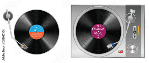 Set illustration of vinyl record and a turntable. On the left, a close-up view of a vinyl record with a colorful center label and stylus arm is displayed. On the right, a complete turntable setup show