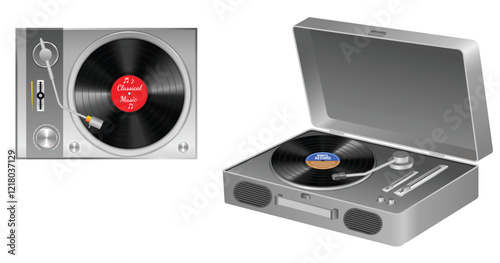 Set illustration of two vinyl record players. The left showcases a top-view record player with "Classical Music" on the record label, while the right features a vintage-style suitcase record player
