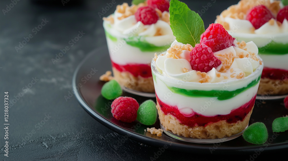 Various desserts in glasses with layers of jelly and cream decorated with jelly beans and raspberries Various desserts in glasses with layers of jelly and cream decorated with jelly beans and raspberries