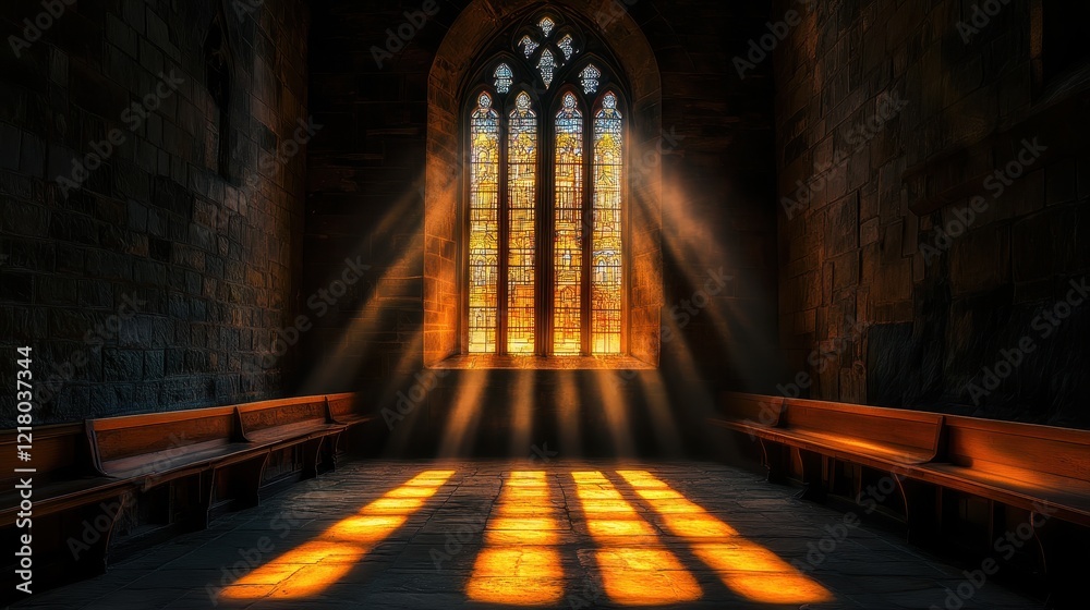 Fototapeta premium Sunbeams stream through a gothic church window, illuminating stone benches. Perfect for concepts of faith, hope, or spiritual peace.
