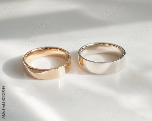 Gold and silver wedding bands on white surface, sunlight background, jewelry