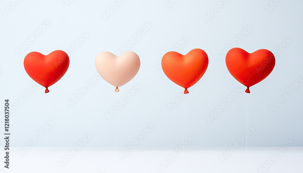 Four heart-shaped balloons in varying shades of red and pink float against a soft blue background