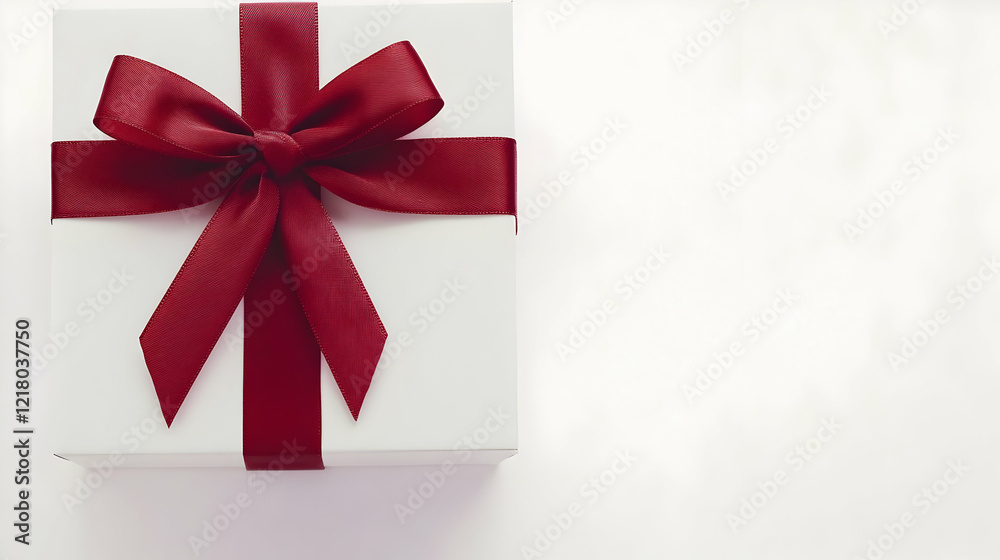White gift box with red ribbon bow on white background White gift box with red ribbon bow on white background