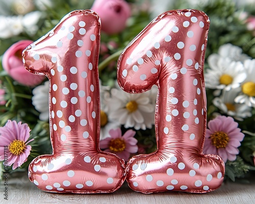 Rose gold polka dot number eleven balloons in front of flowers.
