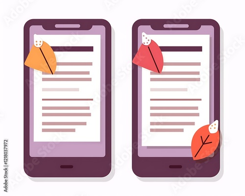 Two smartphones displaying ebooks with autumn leaves as bookmarks.