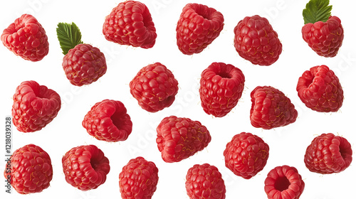 Fresh raspberries scattered, white background, food photography, recipe use photo