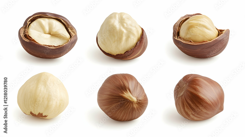 Fototapeta premium Hazelnut collection, shelled and unshelled, on white background, food packaging
