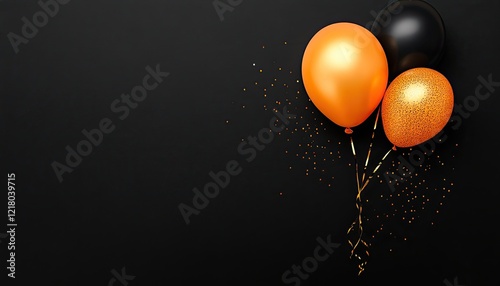 Colorful balloons in orange, black, and gold against a black background with festive sparkles