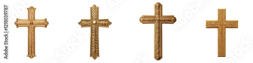 A collection of ornate and intricate Christian cross icons and crucifixes in various decorative designs including gilded carved and textured styles against an isolated background
