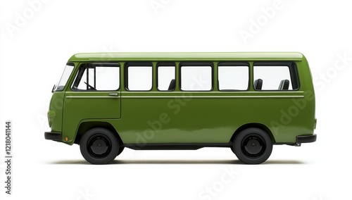 Side profile of a vintage green minibus on white background.