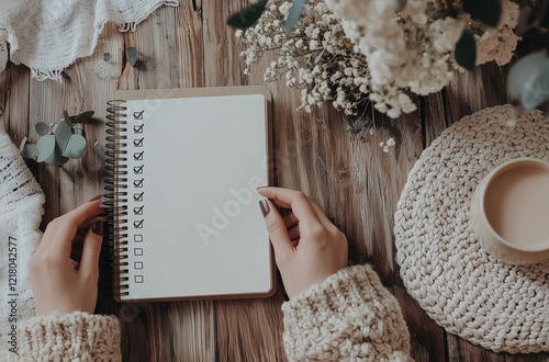 Obraz na płótnie notebook with checklists, cozy setup on wooden table w salonie