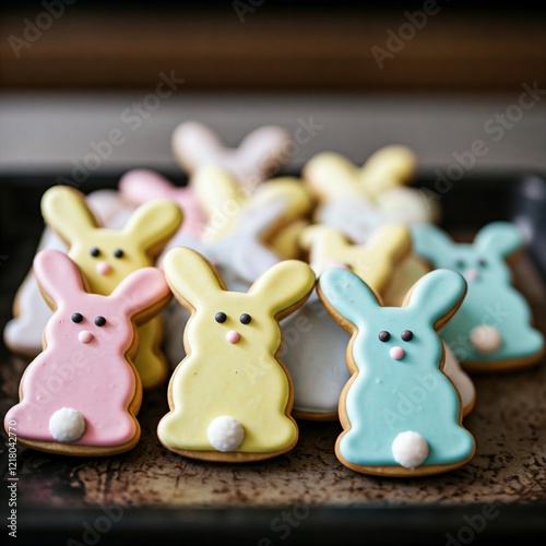 Pastel-colored Easter bunny-shaped cookies on a baking tray photo