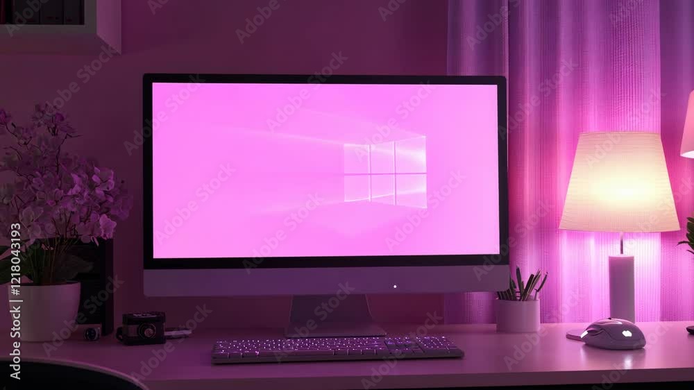 Modern workspace with a pink aesthetic and computer screen illuminated by soft lighting