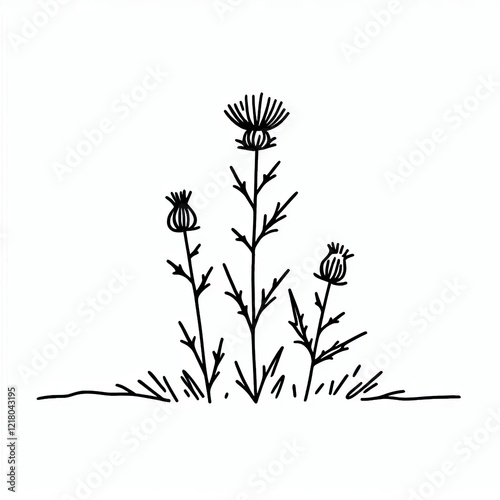 Milk Thistle plant sketch illustration. A set of Milk thistle blossom outlines.
