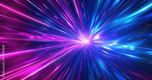 A vibrant abstract representation of light beams in blue and pink hues, suggesting motion.