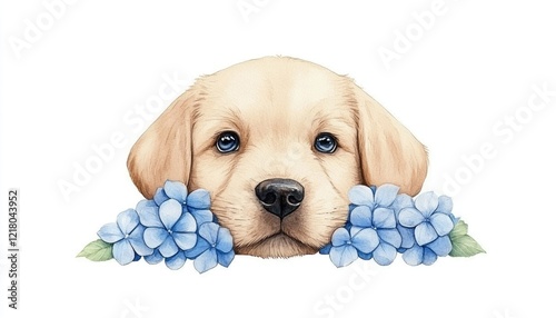 Adorable golden retriever puppy with blue hydrangea flowers, showcasing innocence and charm