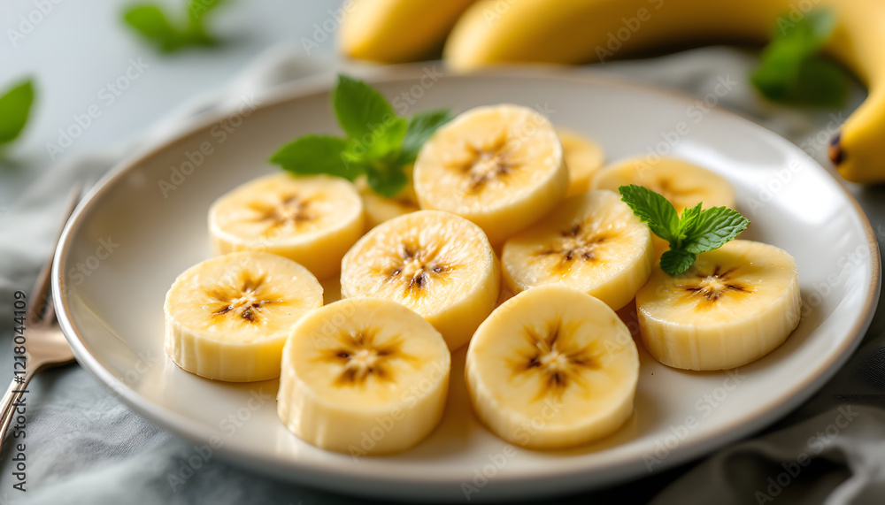 Hyper-realistic photo of banana slices arranged neatly on a white ceramic plate. The banana slices should be perfectly cut, with smooth, slightly rounded edges and rich yellow tones, showing a realist Hyper-realistic photo of banana slices arranged neatly on a white ceramic plate. The banana slices should be perfectly cut, with smooth, slightly rounded edges and rich yellow tones, showing a realist