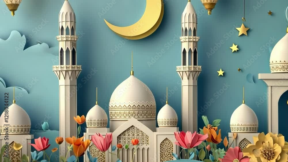 Colorful paper art of mosque with crescent moon and lanterns on blue background. Ramadan Mubarak