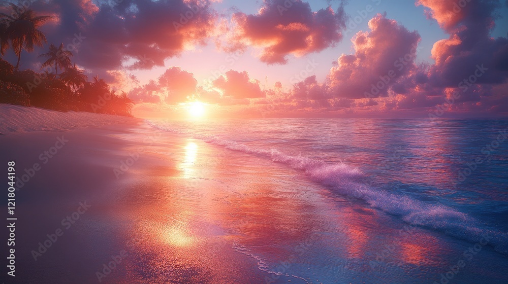 Obraz premium Serene sunset over a tranquil beach with gentle waves lapping against the shore, palm trees silhouetted