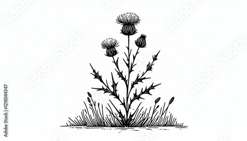 Milk Thistle plant sketch illustration. A set of Milk thistle blossom outlines.
