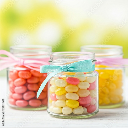 Colorful jelly bean candies in a glass jar, a sweet confectionery dessert snack photo