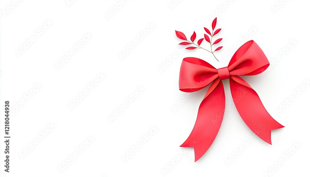 Elegant red bow with green foliage on a white background, ideal for festive decorations or gifts Elegant red bow with green foliage on a white background, ideal for festive decorations or gifts