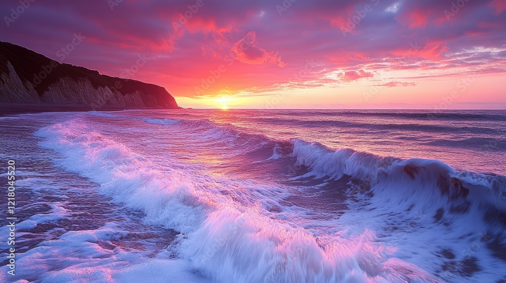 Fototapeta premium Serene sunset over a tranquil ocean with gentle waves lapping against the shore