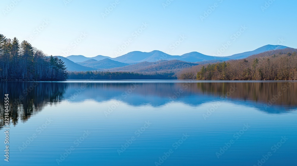 Calm lake reflecting mountains under a clear sky. Calm lake reflecting mountains under a clear sky.