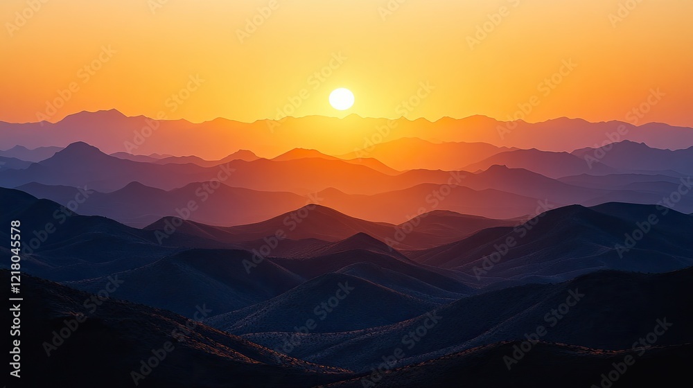 Fototapeta premium Breathtaking sunset over layered mountain ranges with vibrant colors and serene atmosphere