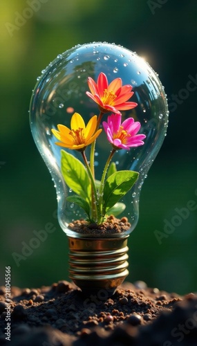 Glass bulb filled with dew drops and tiny flowers, dew, miniature