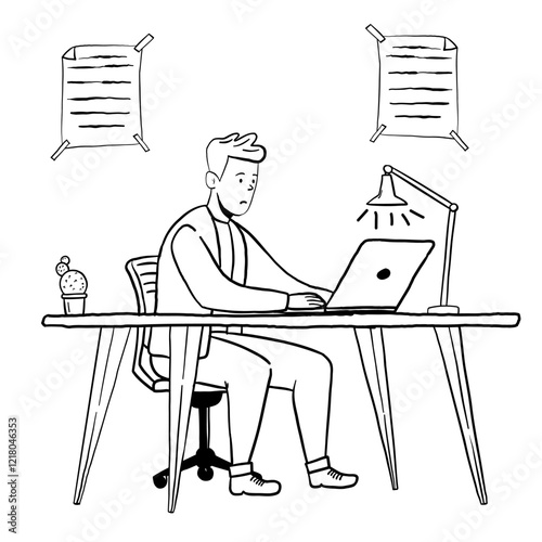 doodle illustration of people working with laptop hand drawn