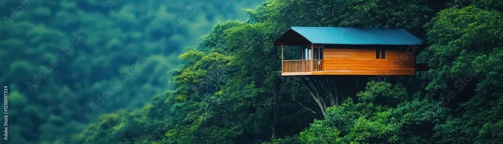 Ecofriendly treehouse accommodations, surrounded by dense forest, soft natural light Ecofriendly treehouse accommodations, surrounded by dense forest, soft natural light