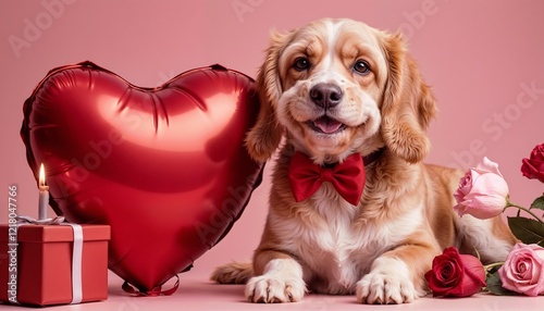  A dog wearing a red bow tie sitting beside a heart-shaped balloon.  A Valentine’s gift box and roses nearby. 