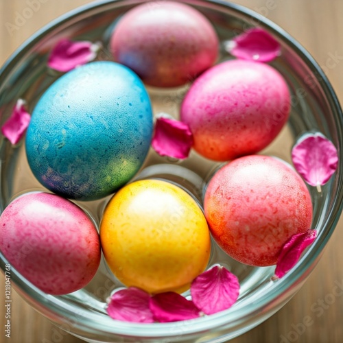 Easter eggs floating in a glass bowl of water with flower petals photo