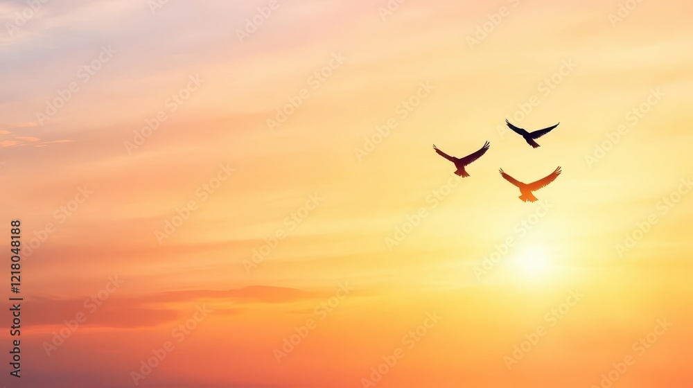 Fototapeta premium Two birds flying together in an orange sunset sky, graceful and free, wide angle