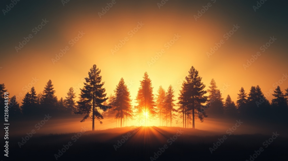 Obraz premium Serene sunset over a forest with tall trees casting long shadows, creating a tranquil atmosphere