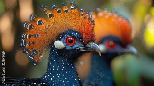 Two guineafowl birds with detailed orange and blue plumage a vibrant wildlife portrait photo